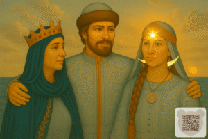 Князь Гвідон обіймає царицю-матір і дружину: казка про царя Салтана Пушкін читати