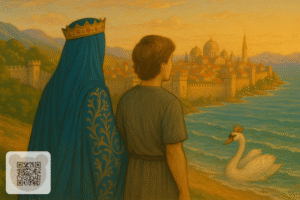 Цариця і князь Гвідон дивляться на чарівне місто: казка про царя Салтана читати