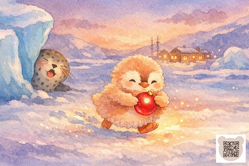 Акварельна дитяча ілюстрація: пухнасте персикове пінгвіненя бігає по блискучому снігу в Антарктиді на заході сонця, тримаючи в крилах яскраву світиться червону новорічну кулю. Зліва за великим блакитним айсбергом визирає плямистий морський леопард з здивованим обличчям і закритими очима — його засліплює світло кулі. На задньому плані видніються теплі вогники станції.