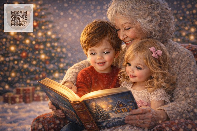 Grandmother reads a book to her grandchildren: New Year's fairy tales for toddlers aged 1, 2, and 3 to read.