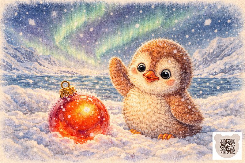 Пингвиненок смотрит на елочный шар: новогодняя сказка про пингвинов