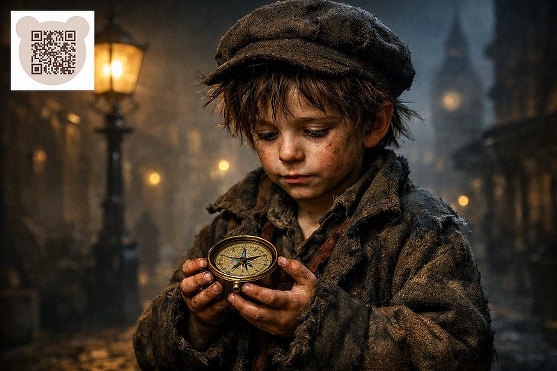 The little thief Finn examines the stolen compass: A Christmas Carol 2025 2026 The Copper Compass