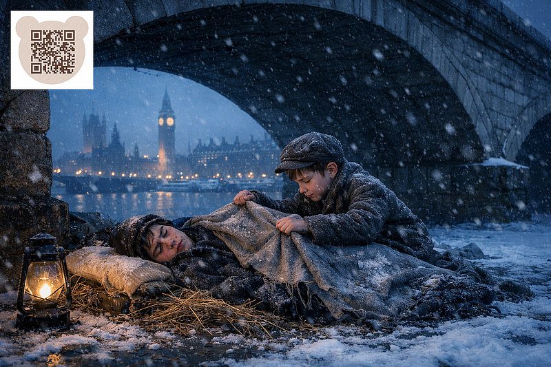 Brothers Silas and Finn live under Waterloo Bridge: A Christmas Carol 2025 2026 The Copper Compass