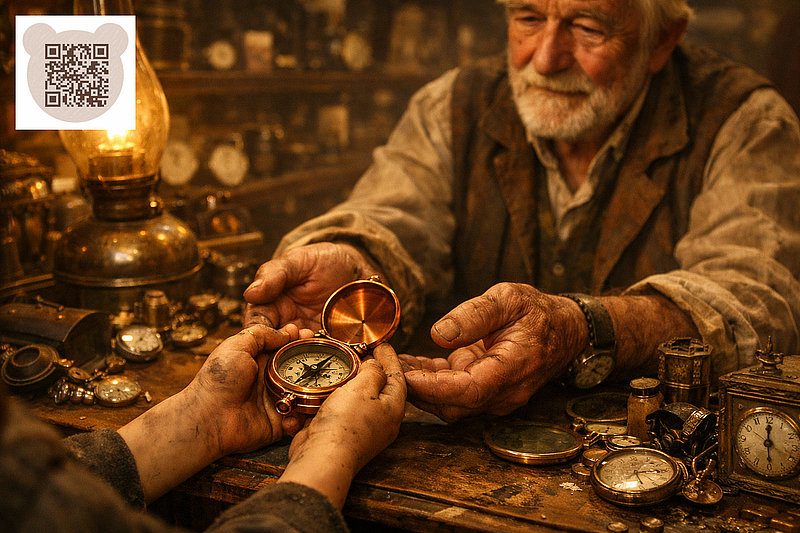 Finn sells the compass to a junk dealer: A Christmas Carol 2025 2026 The Copper Compass