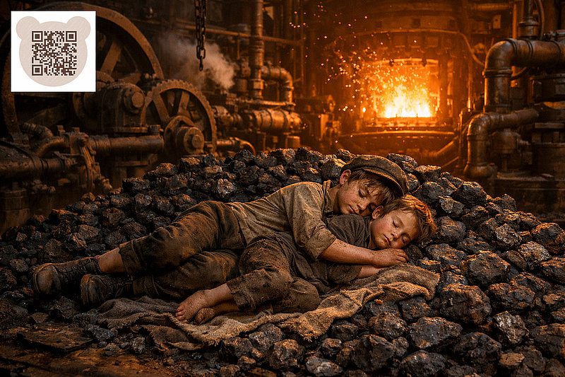 Silas and Finn sleep on a warm pile of coal: A Christmas Carol 2025 2026 The Copper Compass