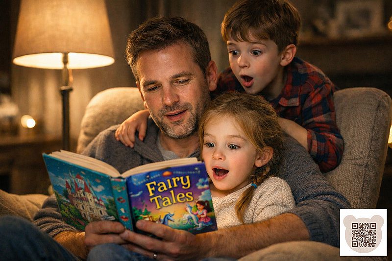 Тато читає книгу казок своїм синові та доньці ввечері. Діти дивляться на книгу із захопленням і здивуванням.