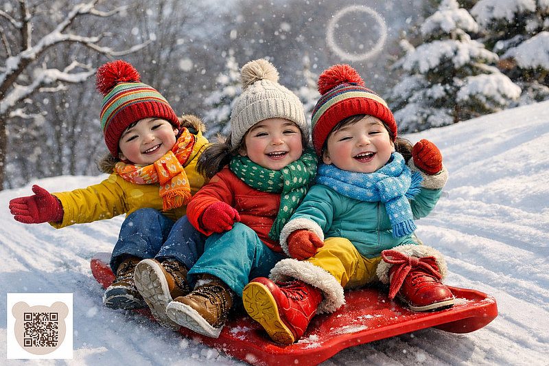 Безпека дитини взимку: троє дітей у теплих різнокольорових куртках катаються на санчатах у зимовому лісі