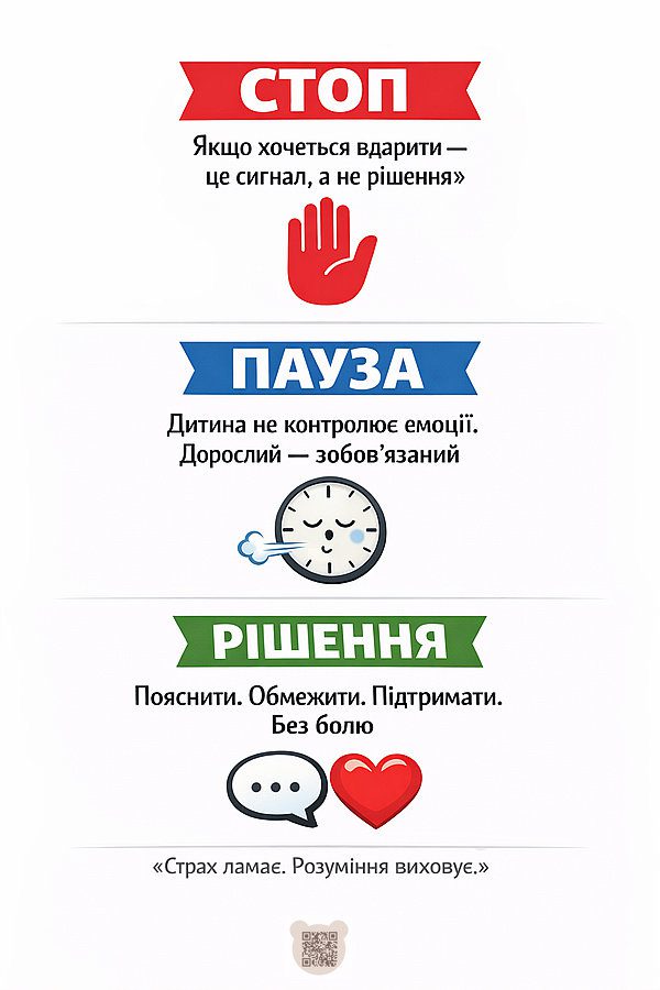 Інфографіка з трьома розділами: Стоп, Пауза, Рішення, що пояснює, чому не можна бити дітей і пропонує альтернативні методи виховання.