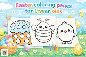 A collection of Easter coloring pages for 1-year-old children from Medvezhata Club: the image shows outlines of an Easter cake, a bee, and a chick, as well as a basket with bright eggs and colored pencils.