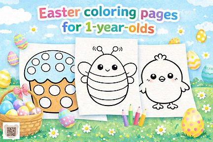 A collection of Easter coloring pages for 1-year-old children from Medvezhata Club: the image shows outlines of an Easter cake, a bee, and a chick, as well as a basket with bright eggs and colored pencils.