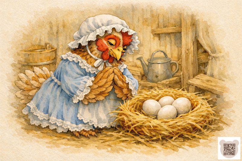 Казки про Великдень 2026: Ілюстрація "Пані Квок та її діти" Ілюстрація: Курка-насідка в блакитній сукні та чепчику сидить над гніздом із чотирма крашанками в курнику.