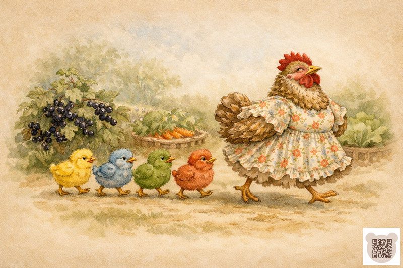 Казки про Великдень 2026: Ілюстрація "Пані Квок та її курчата" Ілюстрація: Курка в квітчастій сукні веде чотирьох кольорових курчат (жовтого, синього, зеленого та червоного) по садовій доріжці.