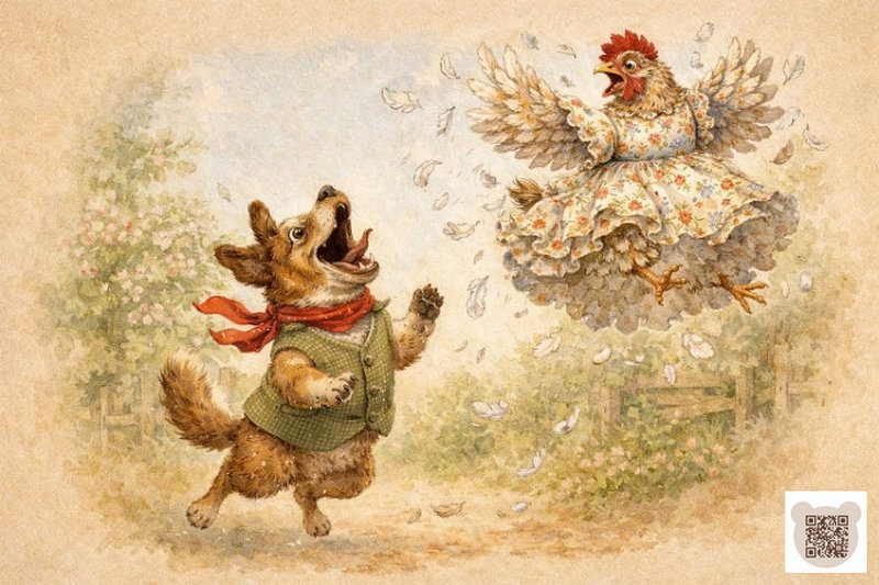 Казки про Великдень: Пан Ррри та Пані Квок Ілюстрація: Собака в жилетці та хустці гавкає на перелякану курку в сукні, яка злітає в повітря. Навколо літає пір'я.