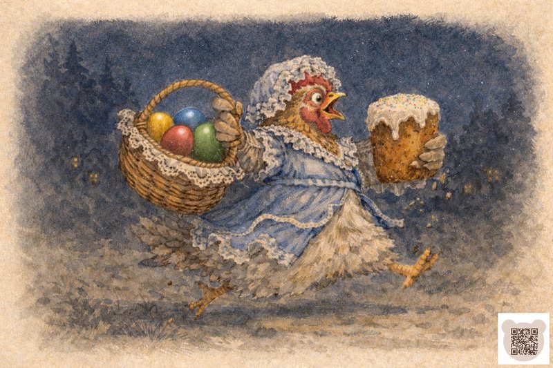 Казки про Великдень 2026: Курка тікає з великодньою паскою та яйцями Ілюстрація: Курка в блакитній сукні та чепчику тікає вночі, несучи кошик із писанками та великодню паску.
