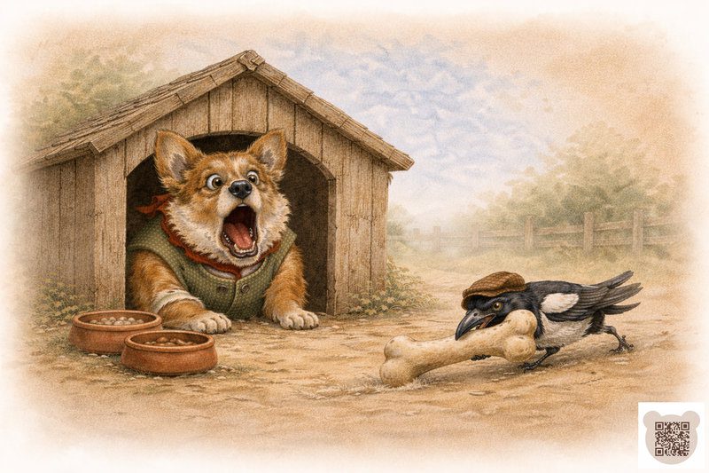 Казки про Великдень 2026: Сорока краде кістку в Пана Рррри Ілюстрація: Здивований собака в будці дивиться в бік, а сорока в кепці краде його велику цукрову кістку.
