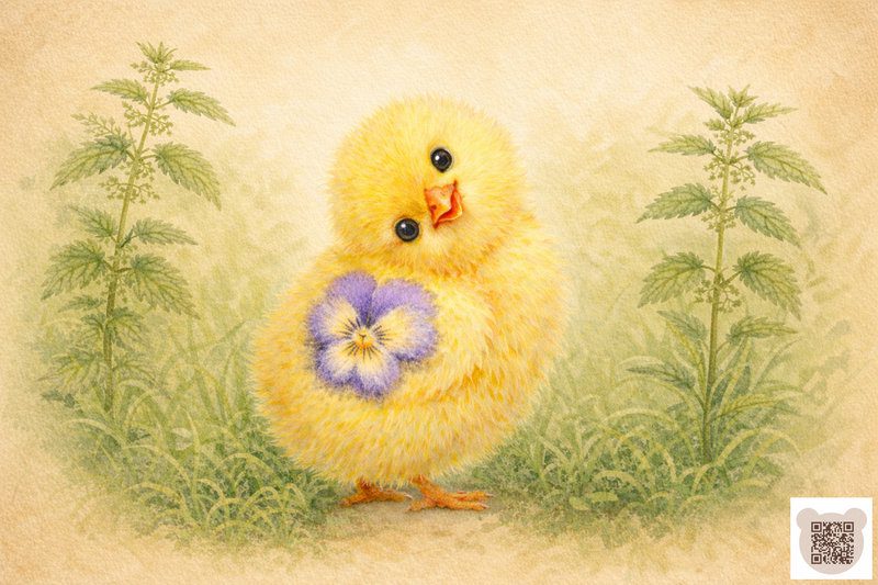 Казки про Великдень 2026: Ілюстрація "Жовте курча з фіалкою" Ілюстрація: Жовте пухнасте курча з фіалкою на боці стоїть у траві.