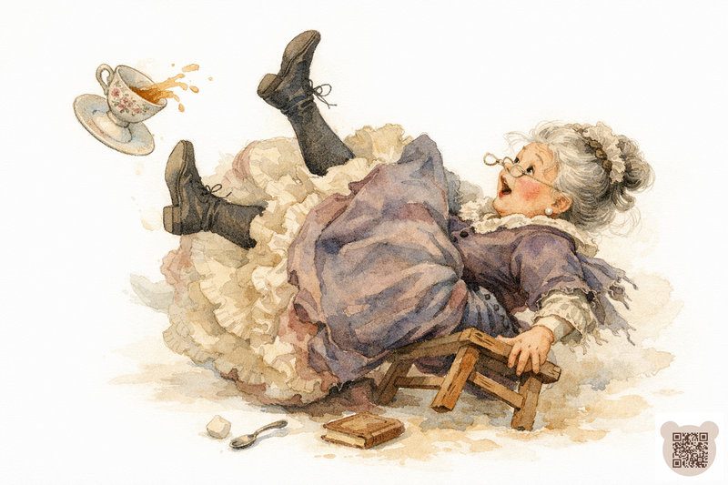 Казки про Великдень 2026: Ілюстрація "Пані Домна падає зі стільця" Ілюстрація: Літня жінка падає зі стільця, її ноги в чорних черевиках злітають вгору, поруч падають чашка чаю, книга та цукор.