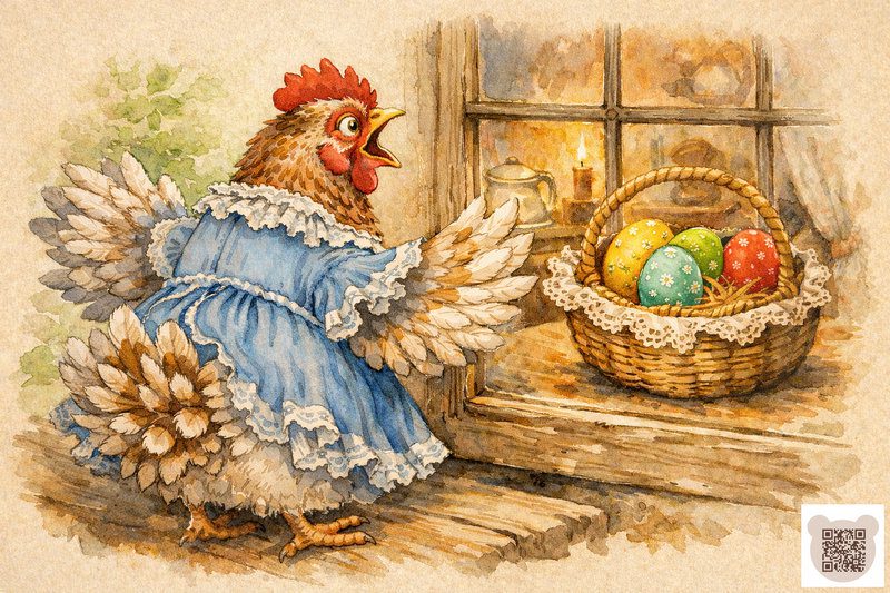 An illustration of a hen in a blue dress looking at a basket of painted Easter eggs on a windowsill.