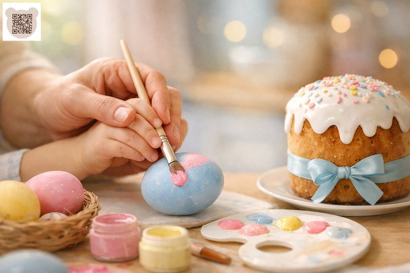 Свято Великдень для дітей: спільне оздоблення яєць і паски. Родинне свято Великдень для дітей: руки дорослого й дитини разом розмальовують великоднє яйце пензликом. Поруч — прикрашена великодня паска з блакитною стрічкою та різнобарвною посипкою.