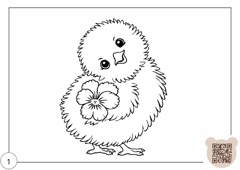 Розмальовка скачати безкоштовно для дітей 3–4 років: милий пасхальний курчатко з квіткою.