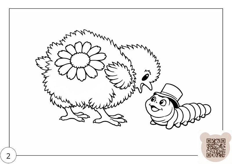 Казка про пасхальне яйце, ілюстрація: розмальовка милий курчатко та гусениця в капелюсі.