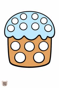 Проста розмальовка великодньої паски з глазур’ю та великими кружечками, підходить для дітей 1 року, можна роздрукувати.