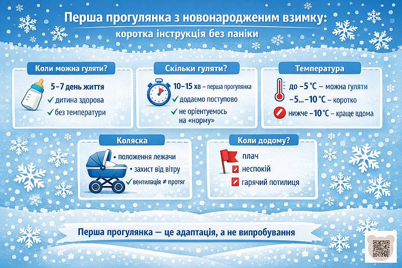 Інфографіка: Перша прогулянка з новонародженим взимку – коротка інструкція для батьків. Включає рекомендації щодо віку дитини (5-7 днів), тривалості (10-15 хвилин), допустимої температури (до -5°С), вибору візочка та ознак, коли час додому (плач, занепокоєння).