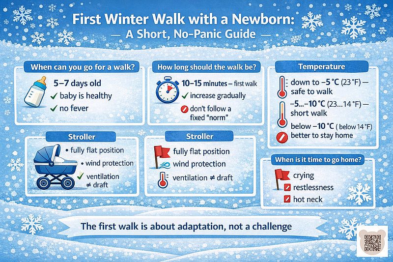 First walk with a newborn in winter: instructions without panic Infographic: First walk with a newborn in winter – a brief guide for parents. Includes recommendations on the age of the child (5-7 days), duration (10-15 minutes), acceptable temperature (down to -5°C), choice of stroller, and signs that it's time to go home (crying, restlessness).
