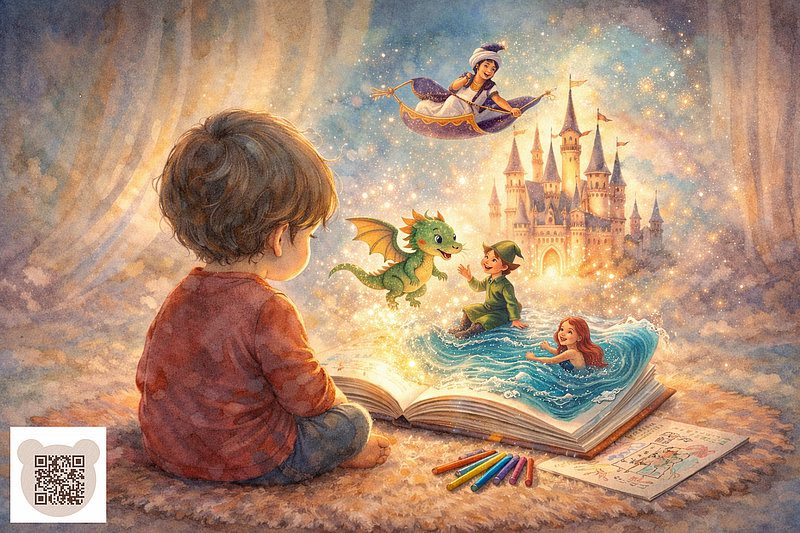 Чарівні казки для дітей: дитина читає книгу, з якої оживають дракон, ельф, Аладдін на килимі та русалка