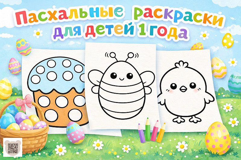 Коллекция пасхальных раскрасок для детей 1 года от Медвежата-клуб: на картинке изображены контуры кулича, пчелки и цыпленка, а также корзинка с яркими яйцами и цветные карандаши.