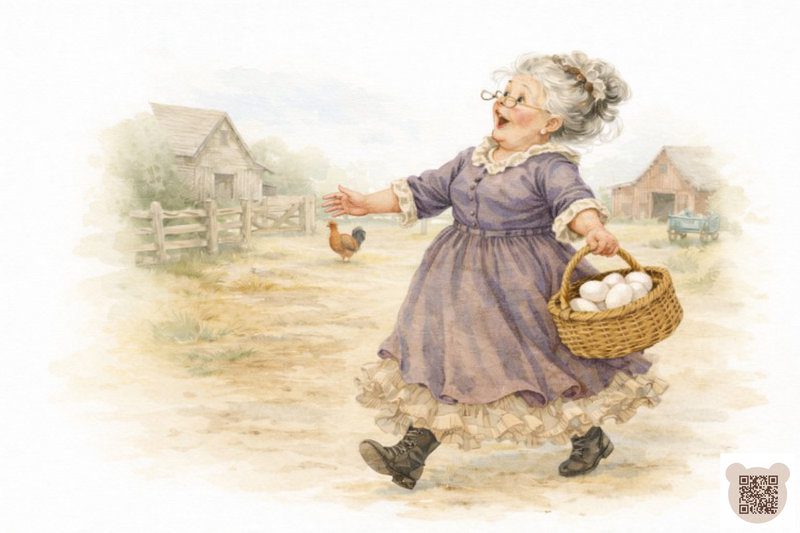 Казки про Великдень 2026: Ілюстрація "Пані Домна та її ферма" Ілюстрація: Літня жінка у фіолетовій сукні та чорних черевиках, із кошиком яєць, емоційно йде фермою.