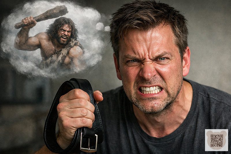 Разгневанный мужчина держит ремень, в облаке мысли пещерный человек с дубиной.