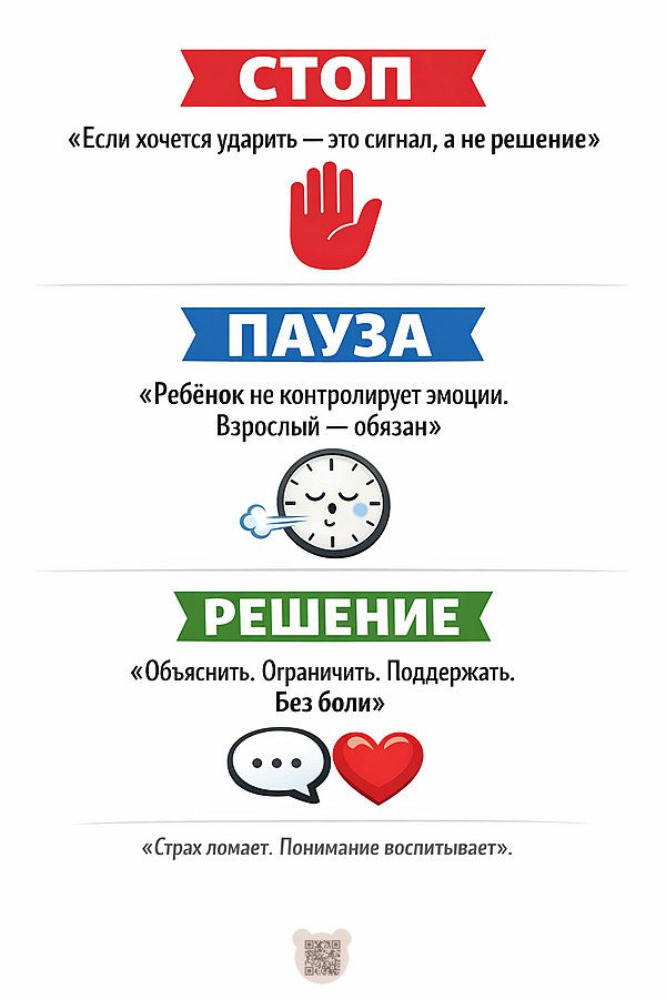 Почему нельзя бить детей: инфографика с советами по воспитанию без боли и агрессии. Инфографика с тремя разделами: Стоп, Пауза, Решение, объясняющая, почему нельзя бить детей и предлагающая альтернативные методы воспитания.