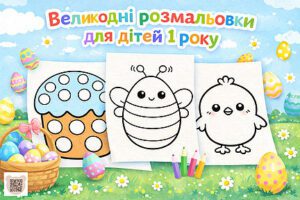 Колекція великодніх розмальовок для дітей 1 року від Медвежата-клуб: на зображенні показані контури паски, бджілки та курчатка, а також кошик із яскравими яйцями й кольорові олівці.
