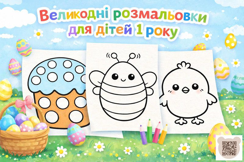 Колекція великодніх розмальовок для дітей 1 року від Ведмежата-клуб: на малюнку зображені контури паски, бджілки і курчати, а також кошик з яскравими яйцями і кольорові олівці.
