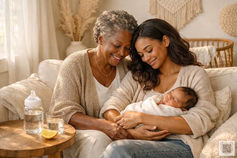 A young mother and grandmother looking at a sleeping newborn baby, with a baby bottle of water nearby.