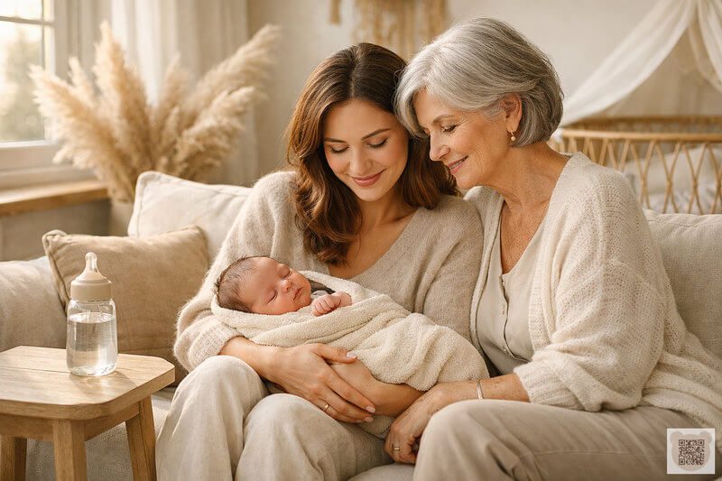 A young mother and grandmother looking at a sleeping newborn baby, with a baby bottle of water nearby.
