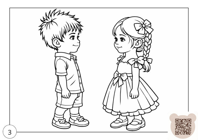 Розмальовка: короткі історії для дітей 4-6 років — танець із дівчинкою. Ошатні хлопчик і дівчинка дивляться одне на одного, розмальовка короткі історії для дітей 4-6 років про танці в дитячому садку.