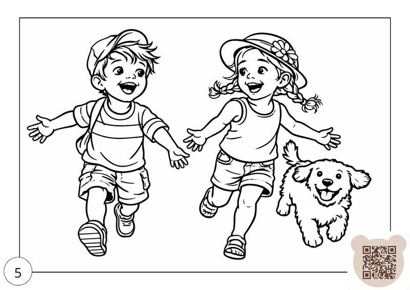 Розмальовка: короткі історії для дітей 4-6 років — щасливе повернення додому. Радісні діти і собака весело біжать додому із садочка, розмальовка короткі історії для дітей 4-6 років про дружбу.