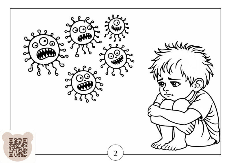 Розмальовка: короткі історії для дітей 4-6 років — мікроби і страх. Сумний хлопчик боїться злих мікробів, розмальовка короткі історії для дітей 4-6 років про гігієну.
