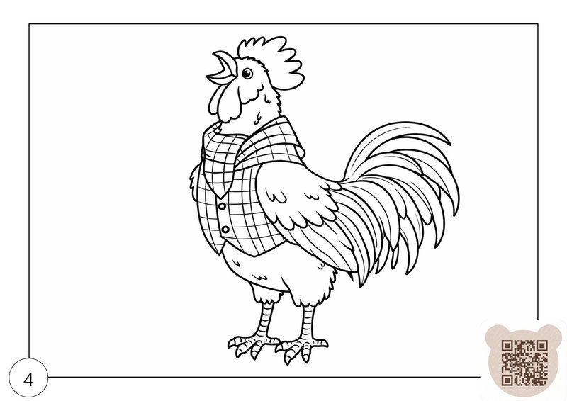 Coloring page for the Easter bunny fairy tale for kids 5-6 years old: a cheerful rooster in a checkered vest sings a morning song.