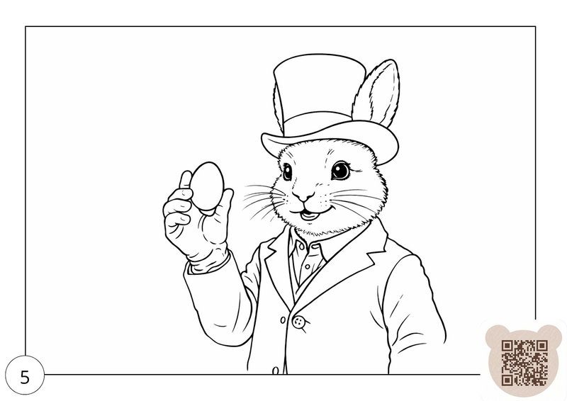 Easter bunny fairy tale for kids 5-6 years old coloring page: a drawn bunny in a top hat and jacket holds an Easter egg.