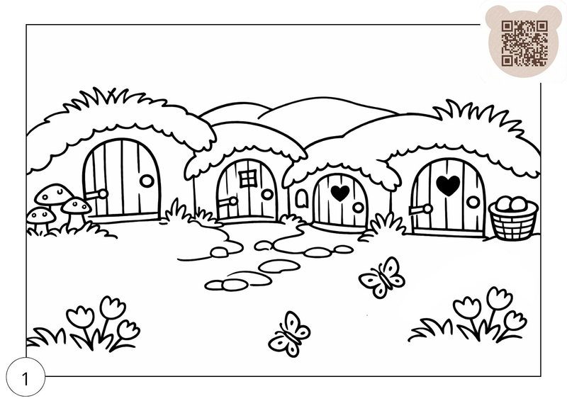 Coloring page for the Easter bunny fairy tale for kids 5-6 years old featuring fairy tale burrow houses, flowers, and butterflies.