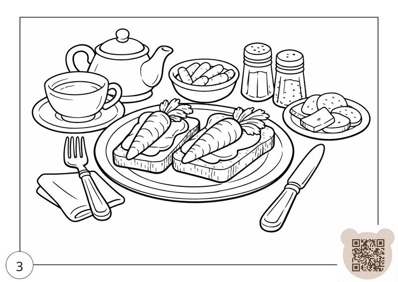 Coloring page for the Easter bunny fairy tale for kids 5-6 years old: a festive breakfast with carrot-shaped toasts, tea, and treats.