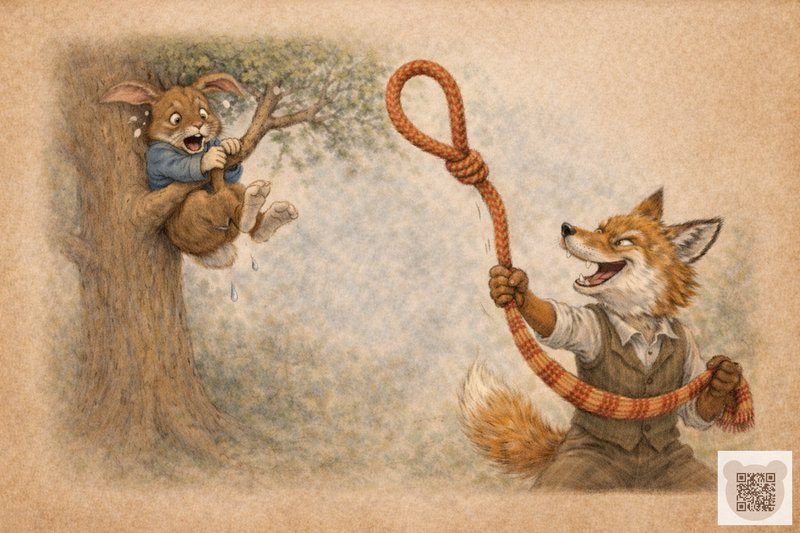  Лис Лисис-Хитрис кидає петлю зі шарфа у великоднього кролика Шуршика на дереві.