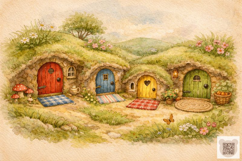 Казкові будиночки в пагорбах із зворушливої казки про великоднього зайця.