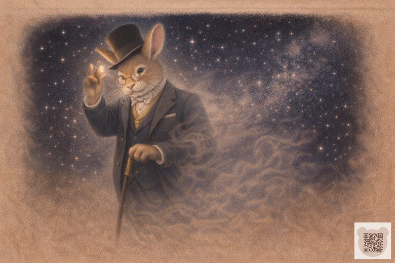  Дядечко Приг у циліндрі стає невидимим на тлі зоряного неба, казка про великоднього кролика.