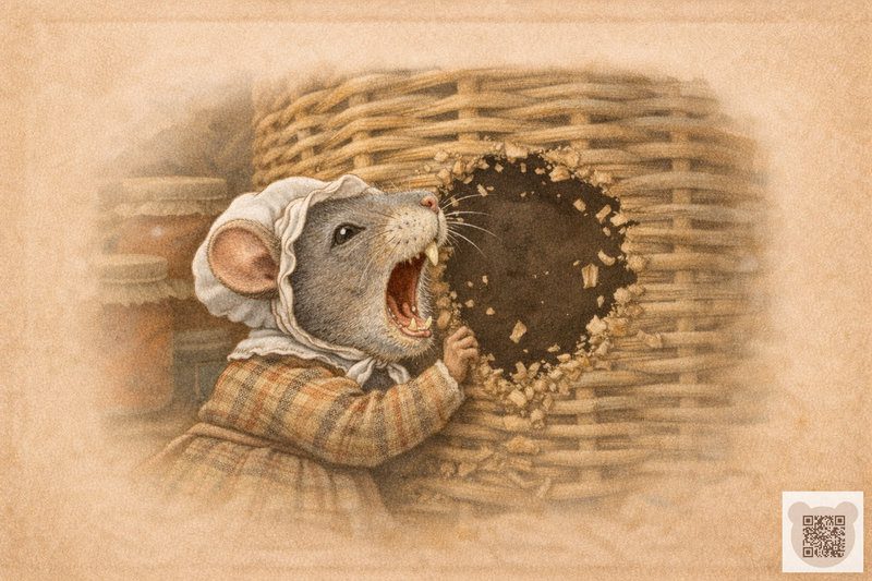 Сердита мишка в чепчику прогризає дірку в кошику з казки про великоднього зайчика.