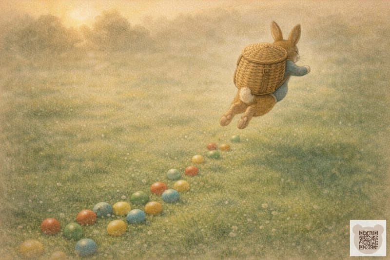 Стрибаючий кролик Шуршик губить крашанки з дірявого кошика, казка про великоднього кролика.