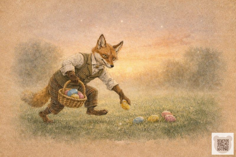 Лис Лисис-Хитрис підбирає загублені великодні яйця на лузі з казки про великоднього кролика.